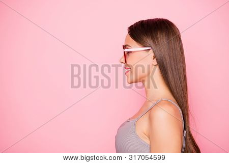 Profile Side Photo Of Attractive Lady Looking Wearing Eyeglasses Eyewear Isolated Over Pink Backgrou