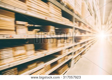 Blur Speed Moving Of Warehouse Storage Inventory For Fast Shipping Background