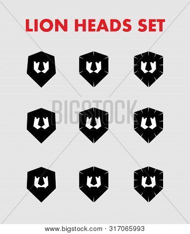 Abstract Lion Head Logo. Set. Lion As Shield. Sign Of Firm. Symbol Of Strength, Royal Symbol.
