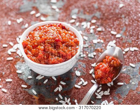Gochujang. Traditional Korean Soybean Paste With Sticky Rice And Fermented Soybeans, Dressed With Re