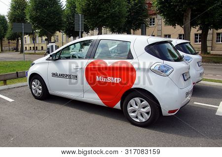 Växjö, Småland, Sweden - July 29, 2019: Renault Zoe Of Swedish Newspaper Smålandsposten Parked On A 