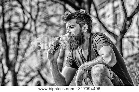 Man With Beard Breathe Out Smoke. Clouds Of Flavored Smoke. Stress Relief Concept. Bearded Man Smoki