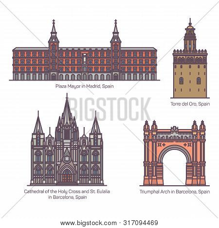 Set Of Isolated Spanish, Spain Landmark Buildings