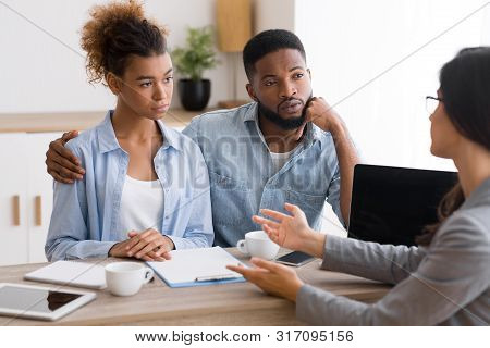 Retirement Planning. African American Spouses Having Investment Consultation In Finansial Counselors