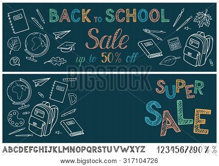 Back To School Sale Flyer. Composition With Educational Pattern. Hand Written Alphabet Lettering Wel