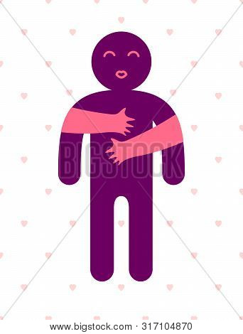 Beloved Man With Care Hands Of A Lover Woman Hugging And Caresses His Chest, Vector Icon Logo Or Ill