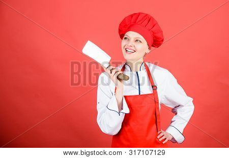 Stainless Steel. Be Careful While Cut. Woman Chef Hold Sharp Knife. Chop Food Like Pro. Knife Skills