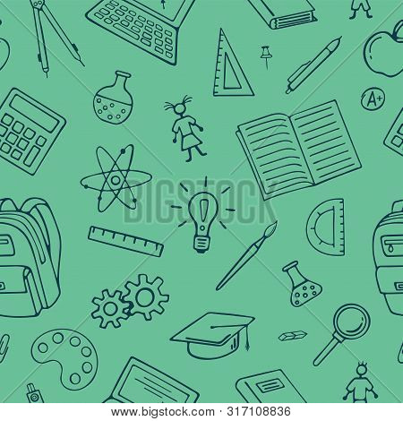 Back To School Seamless Pattern Background.  Graphic By Hand. Vector Pattern For Wallpaper Wrapping 