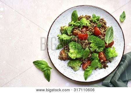 Buckwheat Salad With Vegetables.top View With Copy Space.