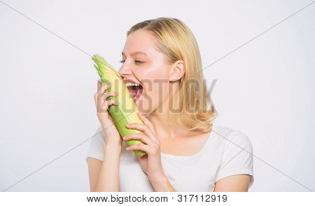 Cheerful Female Farmer. Farming, Farmer Girl With Maize. Corn Crop. Vitamin Dieting Food. Healthy Te