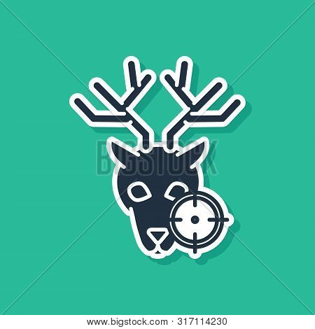 Blue Hunt On Deer With Crosshairs Icon Isolated On Green Background. Hunting Club Logo With Deer And