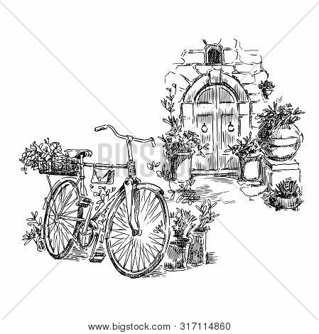 Hand Made Sketch Of Old Street. Line Art Vintage Style Illustration.