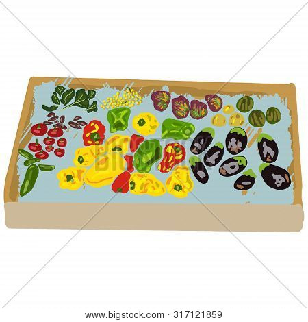 Box With Fresh Vegetables Isolated On White Background. Green Grocery, Raw Food Concept. Flat Cartoo