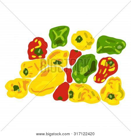 Green, Red And Yellow Peppers Isolated On White Background. Flat Cartoon Style. Vector Illustration.