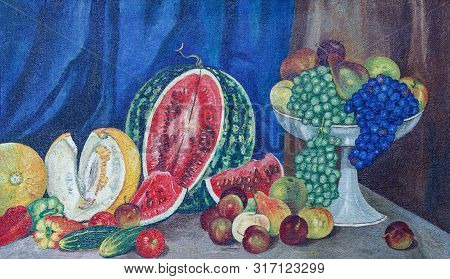 Painting Oil On Canvas. Still Life With A Watermelon, Fruit And Vegetables. Watermelon, Melons, Pepp