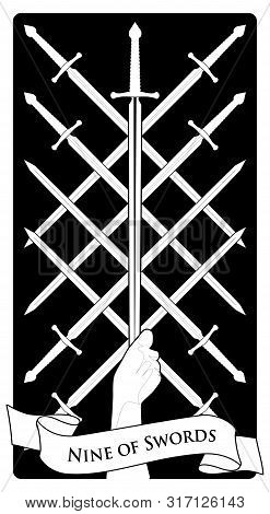 Nine Of Swords. Tarot Cards. Eight Crossed Swords And A Hand Grasping A Sword Tip