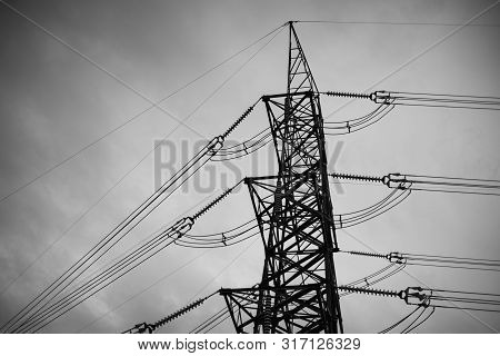 B&w Power Line, High Voltage Pole, High Voltage Tower Sky Background