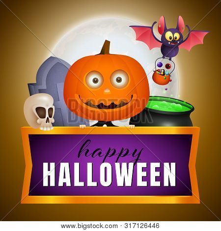 Happy Halloween Poster Design With Smiling Pumpkin Head, Flying Bat With Sweets, Boiling Potion, Sku