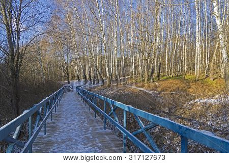 Late Autumn, End Of  November. A Small Ravine With A Footbridge Covered With The First Snow. Landsca