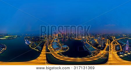 360 Panorama By 180 Degrees Angle Seamless Panorama View Of Aerial View Of Singapore Downtown. Finan
