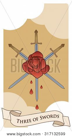 Three Of Swords. Rose Pierced By Three Swords On Clouds Background. Blood Drops.