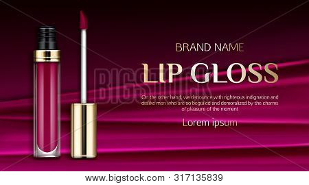 Lip Gloss, Liquid Lipstick Cosmetics Make Up Beauty Product Mockup Banner. Burgundy Or Dark Pink Tub
