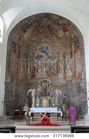 SAMOBOR, CROATIA - MARCH 03, 2018: Church of the Assumption of the Virgin Mary in Samobor, Croatia