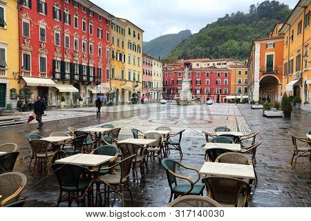 Carrara, Italy - April 27, 2015: Rainy City Square View In Carrara, Italy. Carrara Is An Important T