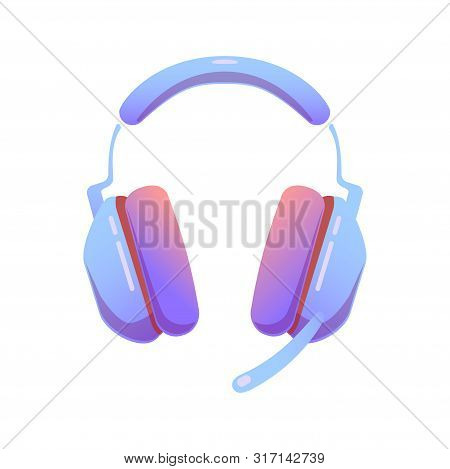 Computer Gaming Headset With Microphone On Isolated Background, Bright Flat Icon In Lilac And Red Co