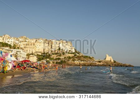 August 12, 2019, Sperlonga, Italy, View On Old Town Sperlonga And Clowded Beach During August Holida