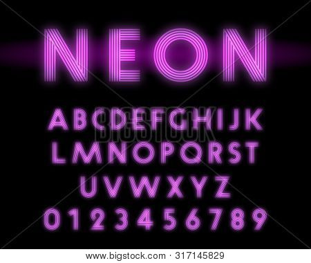 Retro Neon Alphabet Font. Letters And Numbers Line Design