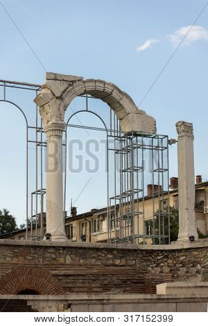 Stara Zagora, Bulgaria - August 5, 2018:  Auditorium Of The Antique Forum At Ruins Of Ancient Roman 