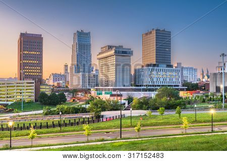 Akron, Ohio, USA downtown skyline at dusk.