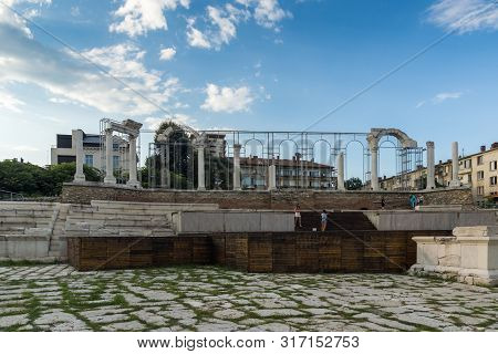Stara Zagora, Bulgaria - August 5, 2018:  Auditorium Of The Antique Forum At Ruins Of Ancient Roman 