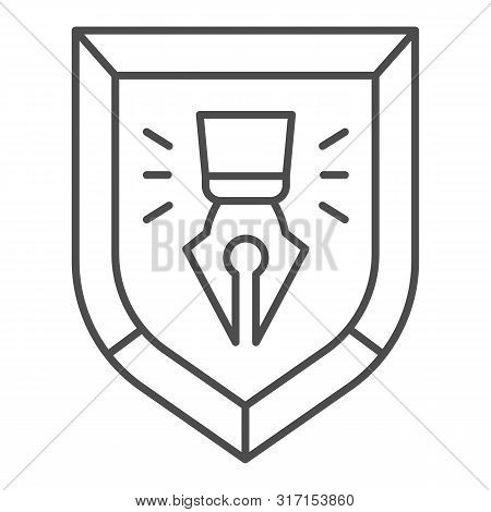 Fountain Pen In Shield Thin Line Icon. Copyright Protection Emblem Vector Illustration Isolated On W