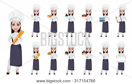 Beautiful Baker Woman In Professional Uniform And Chef Hat, Set Of Thirteen Poses. Cheerful Cartoon 