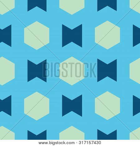 Blue And Green Geometric Shapes On Blue Background Seamless Pattern.