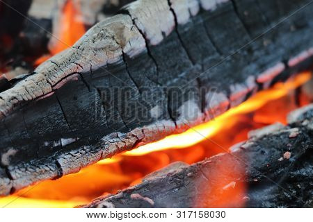 Smoldering Coals From The Fire. A Fading Bonfire. Close-up. Texture.