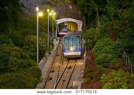 Bergen, Norway - July 26, 2019: Tourists In Funicular Floibanen On Mount Floyen In Bergen