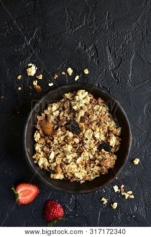 Homemade Multicereal Granola With Fresh Strawberry. Top View With Copy Space.