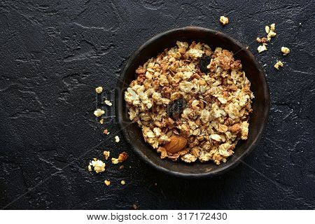 Homemade Multicereal Granola. Top View With Copy Space.