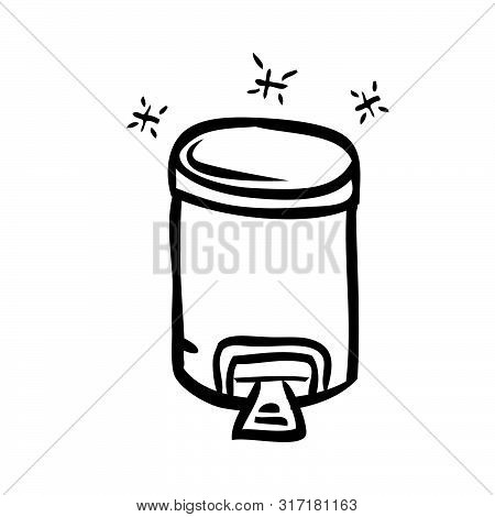 Vector Outline Hand Draw Sketch Of Closed Clean And Tidy Trash Bin, At White.