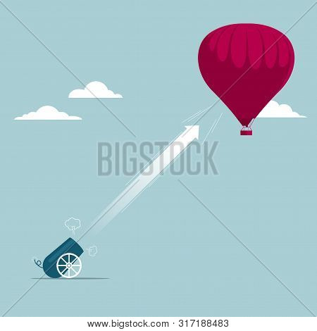 The Cannon Attacked The Hot Air Balloon. Isolated On Blue Background.