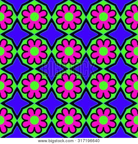Raster Illustration. Flower And Rhombus Geometric Traditional Seamless Repeat Pattern