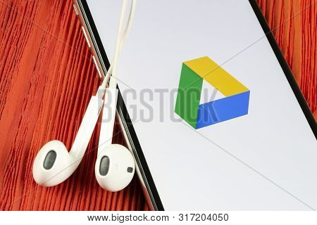 Helsinki, Finland, May 4, 2019: Google Drive Application Icon On Apple Iphone X Screen Close-up. Goo