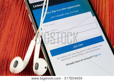 Helsinki, Finland, May 4, 2019: Linkedin Homepage On Apple Iphone X Screen Close-up. Linkedin App Ic