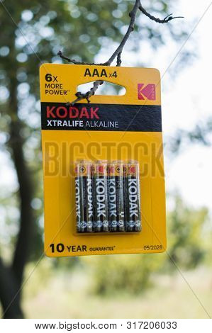 Bucuresti, Romania. August, 14, 2019- Kodak Battery Pack With 10 Year Warranty. Kodak Promises 6 X M