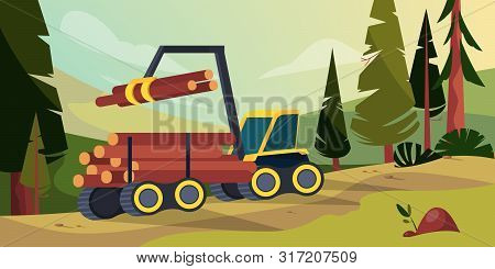 Lumber Concept. Pile Of Log On The Truck. Forest Landscape