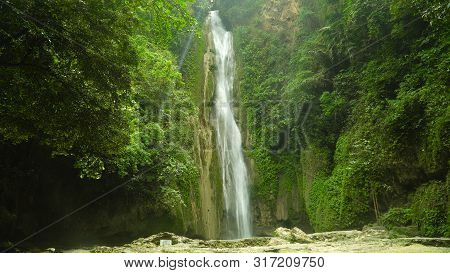 Waterfall In The Rainforest Jungle. Tropical Mantayupan Falls In Mountain Jungle. Philippines, Cebu.