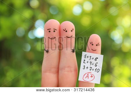Fingers Art Of Happy Family. Concept Of Child Got Good Grade.